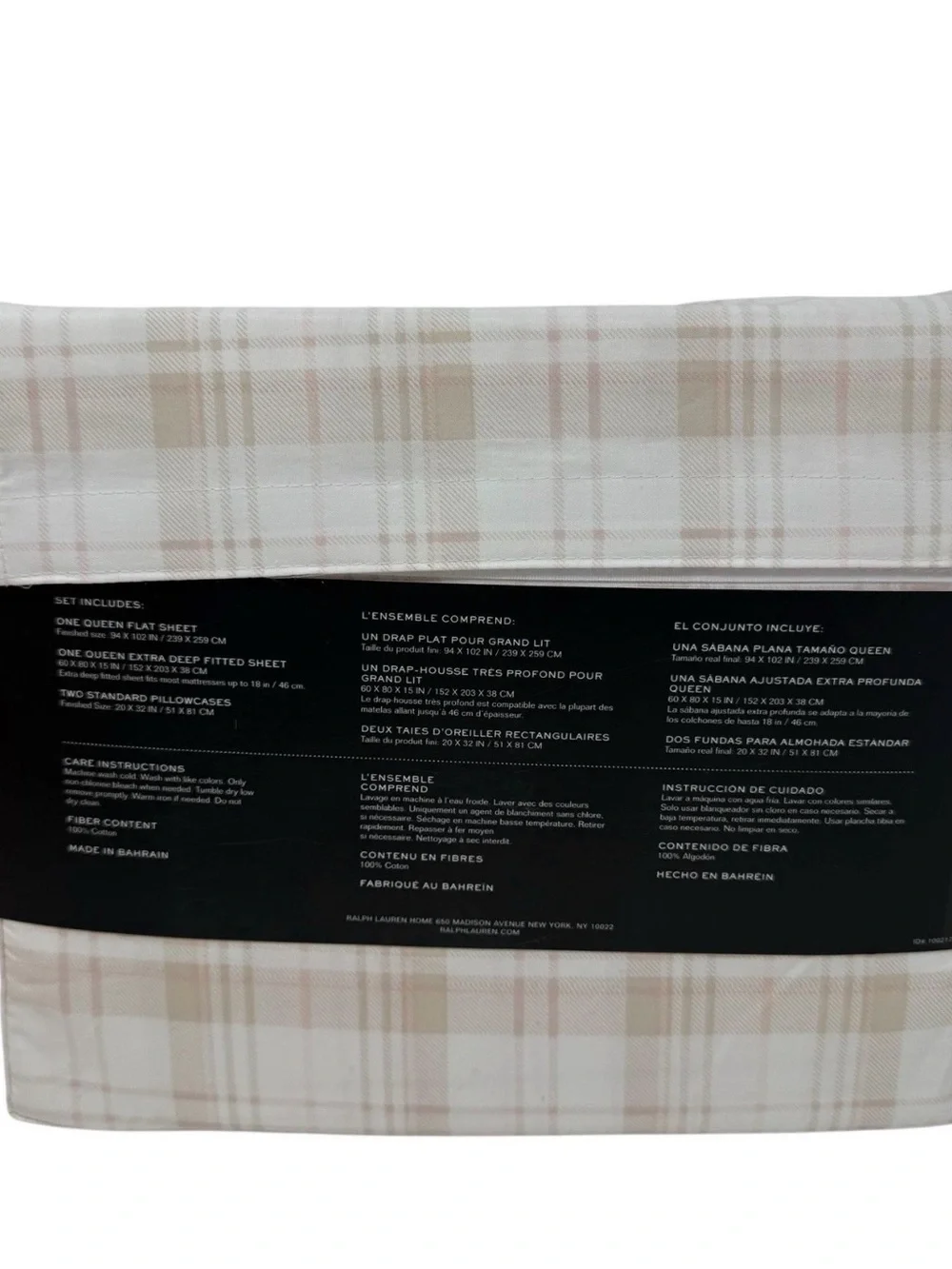 Lauren Ralph Lauren Erica Plaid Queen Sheet Set White Taupe Tan cotton NWT